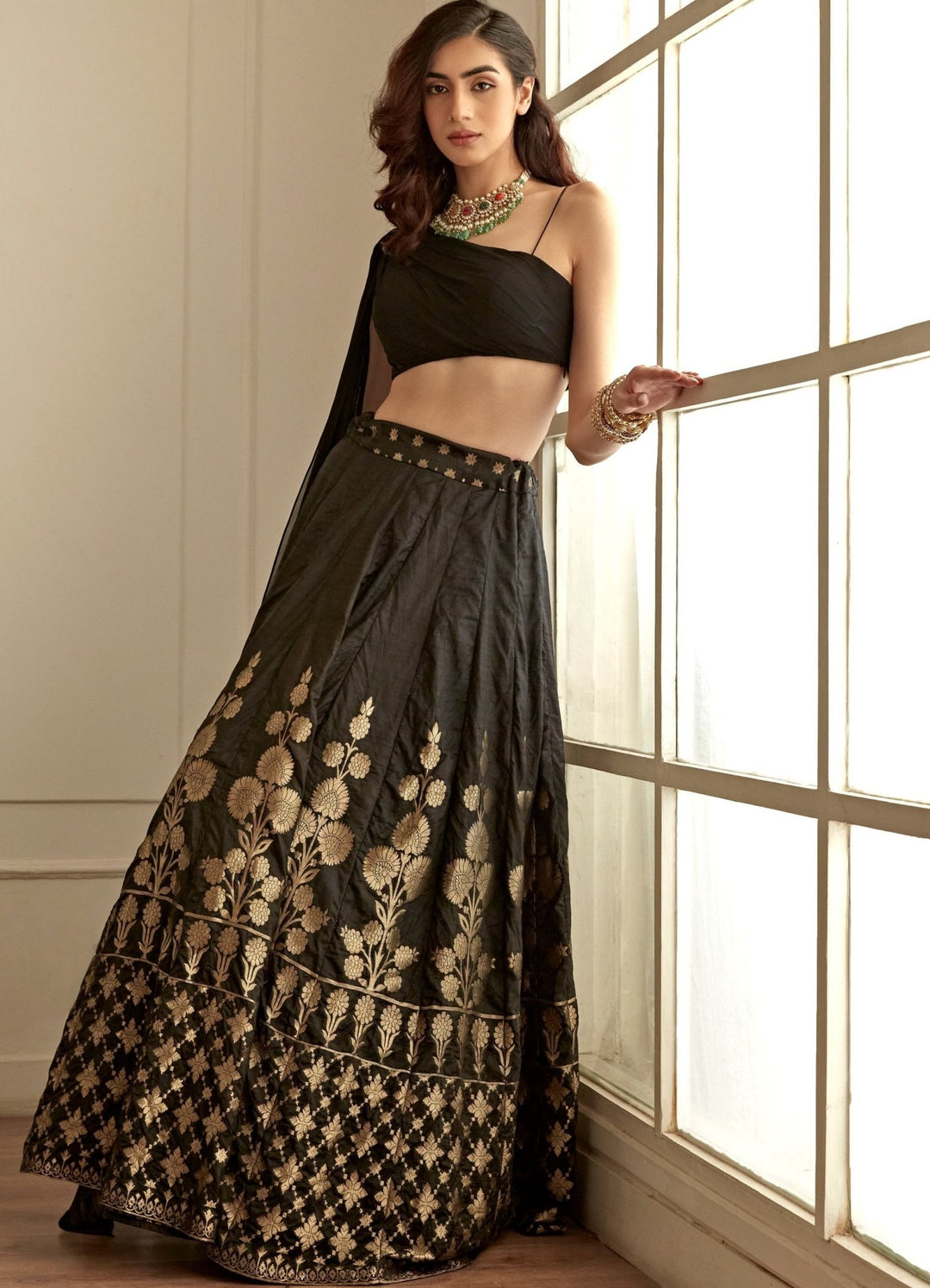 Jet Black and Gold Banarasi One Shoulder Lehenga Set Studio Iris - Fabilicious Fashion