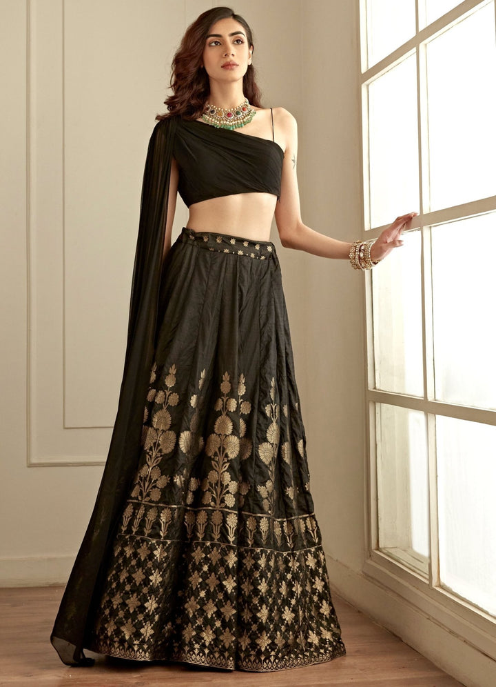 Jet Black and Gold Banarasi One Shoulder Lehenga Set Studio Iris - Fabilicious Fashion