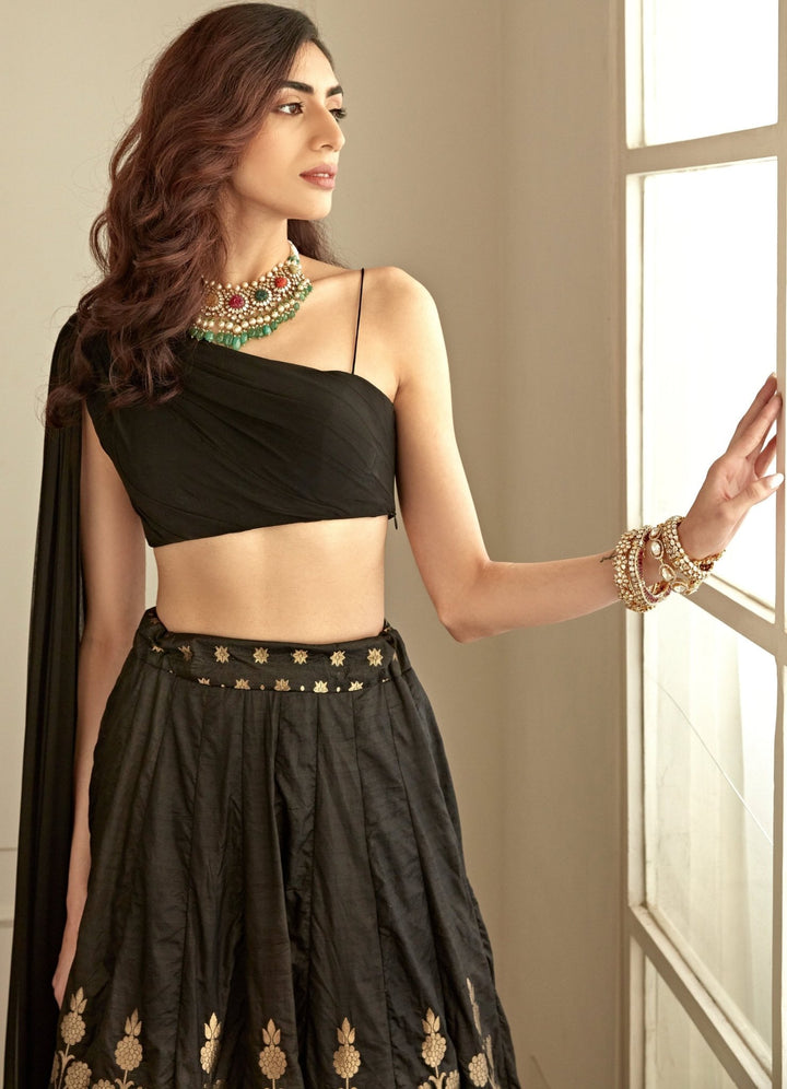 Jet Black and Gold Banarasi One Shoulder Lehenga Set Studio Iris - Fabilicious Fashion