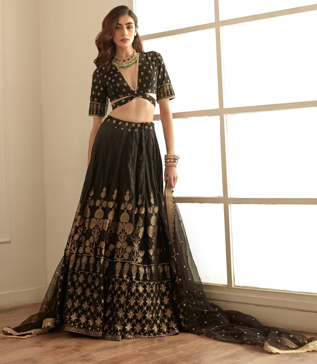 Jet Black and Gold Classic Banarasi Lehenga Set Studio Iris - Fabilicious Fashion