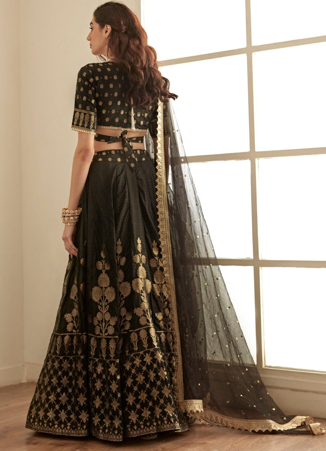 Jet Black and Gold Classic Banarasi Lehenga Set Studio Iris - Fabilicious Fashion