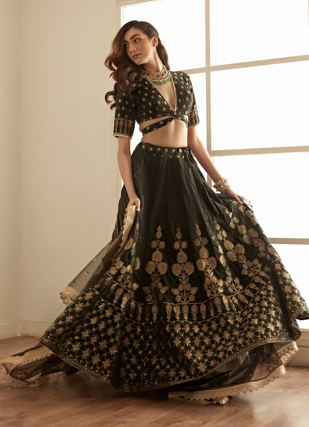 Jet Black and Gold Classic Banarasi Lehenga Set Studio Iris - Fabilicious Fashion
