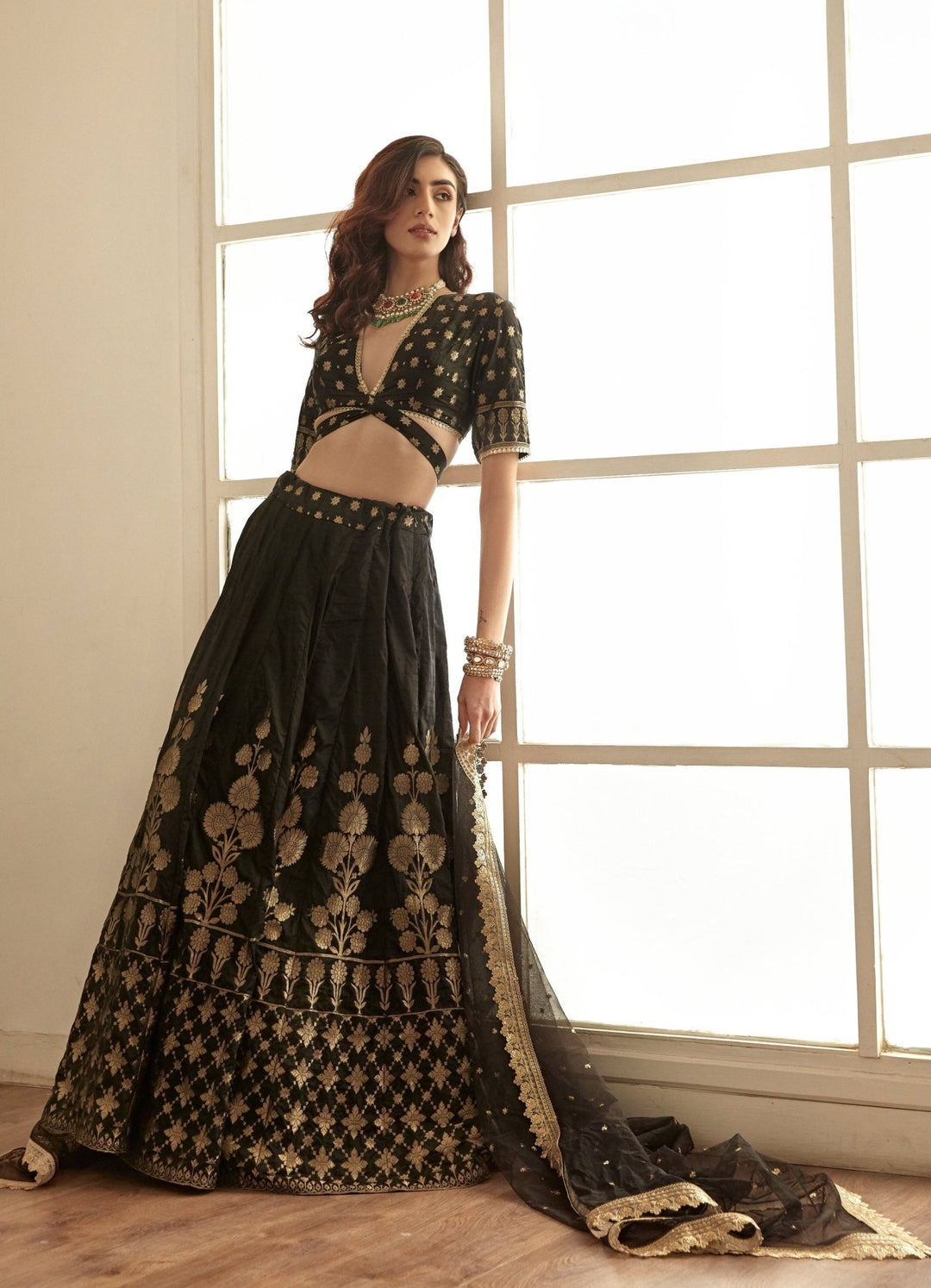 Jet Black and Gold Classic Banarasi Lehenga Set Studio Iris - Fabilicious Fashion