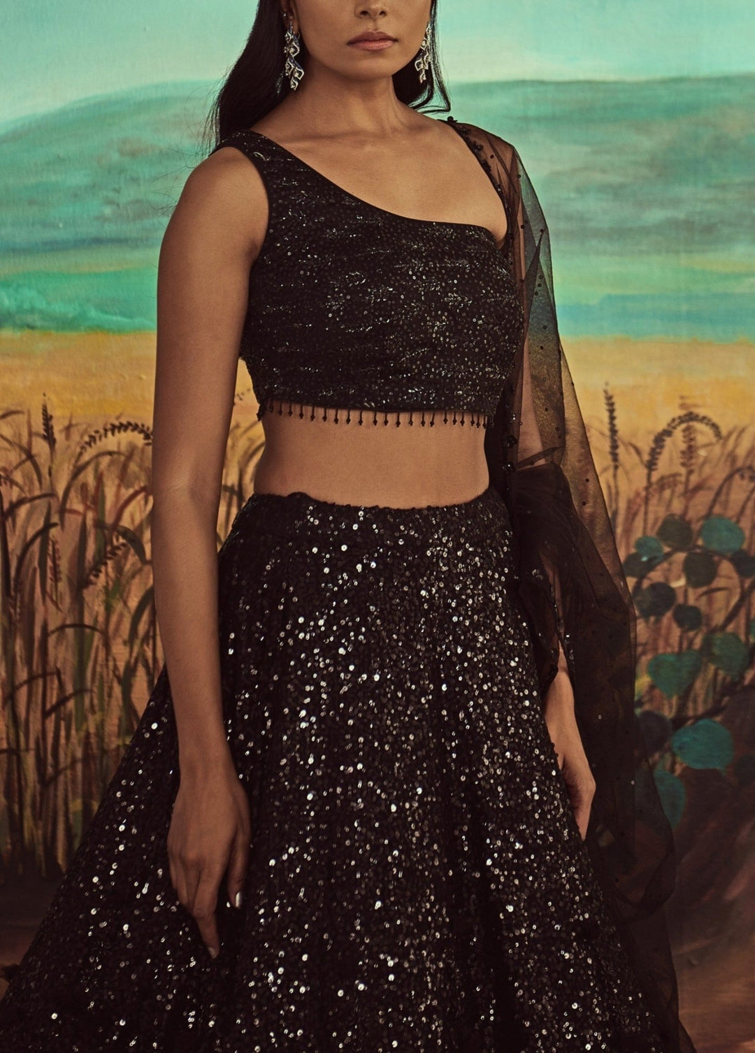 Jet Black Sequinned One Shoulder Lehenga Set Lehenga Set Angad Singh - Fabilicious Fashion