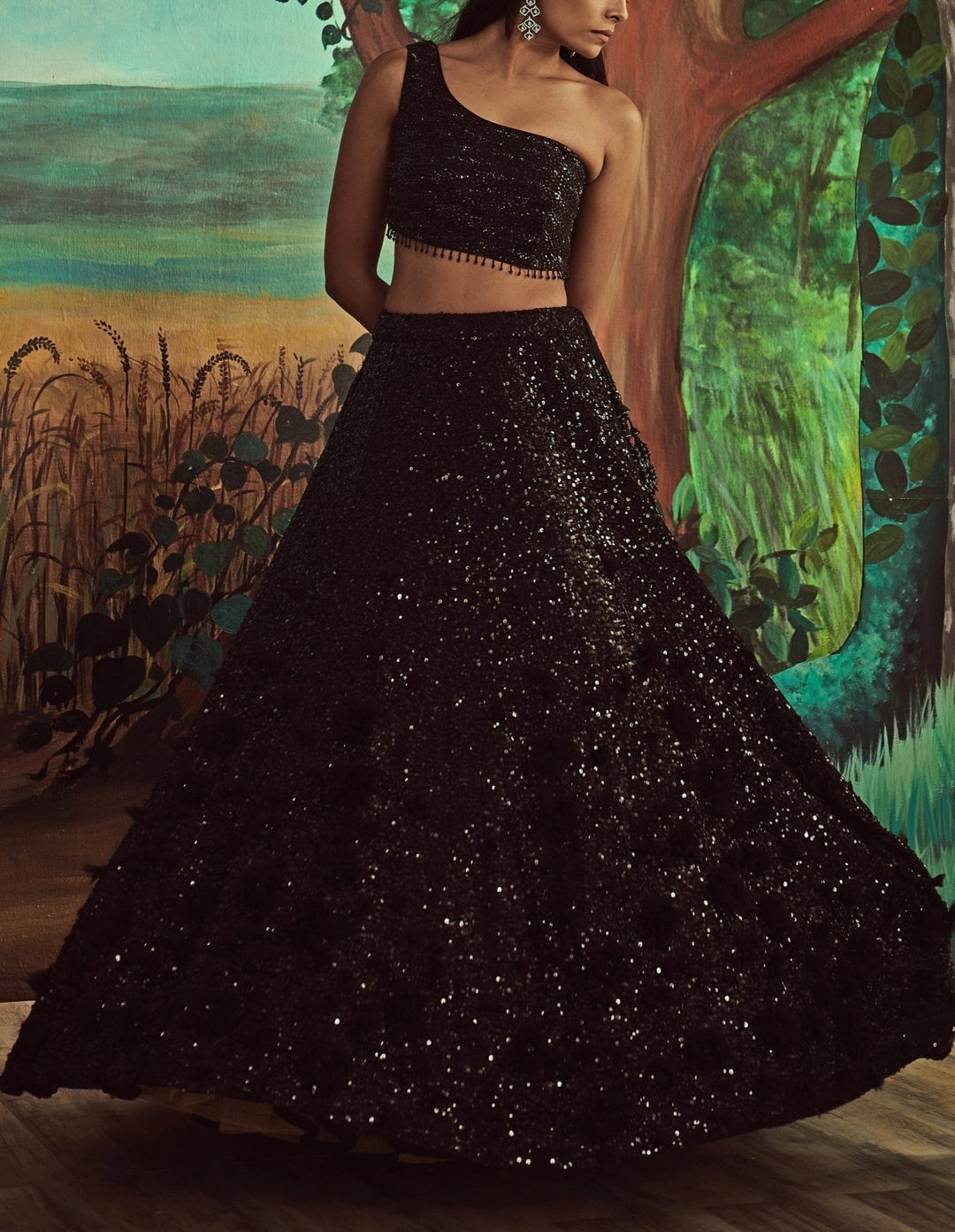 Jet Black Sequinned One Shoulder Lehenga Set Lehenga Set Angad Singh - Fabilicious Fashion