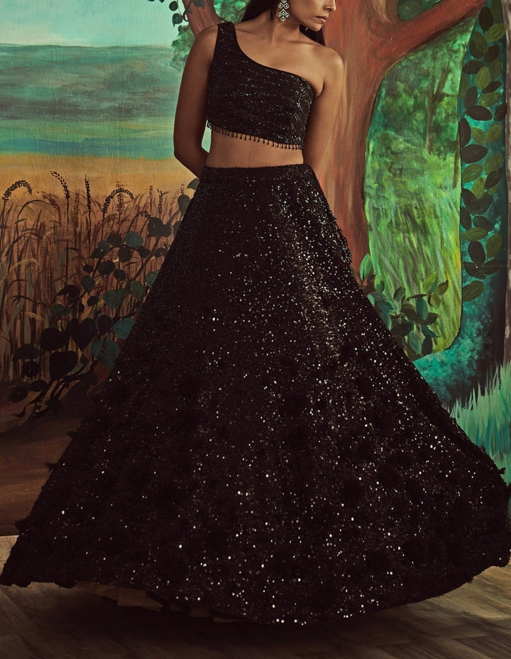Jet Black Sequinned One Shoulder Lehenga Set Lehenga Set Angad Singh - Fabilicious Fashion