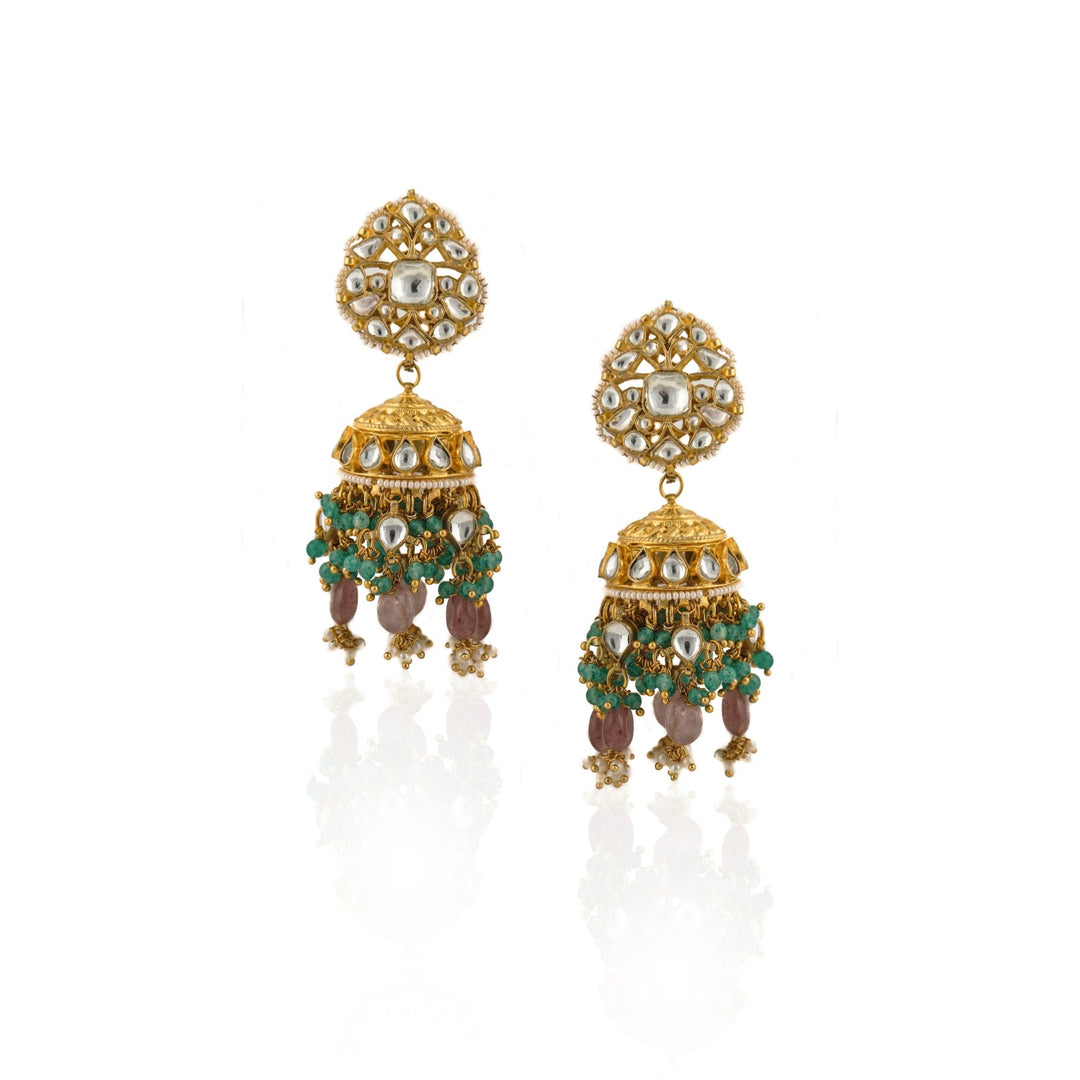 Jhumki In Moti Work And Pastel Pink Beads With Light Green Hangings Riana by Shikha Jindal - Fabilicious Fashion