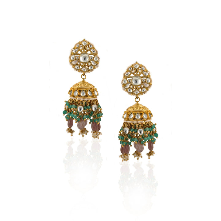 Jhumki In Moti Work And Pastel Pink Beads With Light Green Hangings Riana by Shikha Jindal - Fabilicious Fashion
