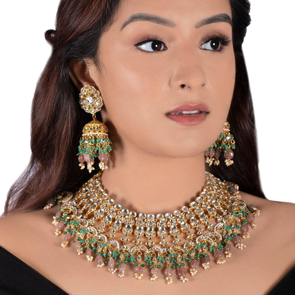 Jhumki In Moti Work And Pastel Pink Beads With Light Green Hangings Riana by Shikha Jindal - Fabilicious Fashion
