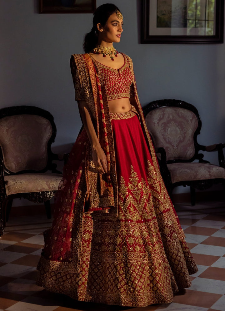 Jodha Crimson Double Dupatta Embroidered Silk Lehenga Set Angad Singh - Fabilicious Fashion