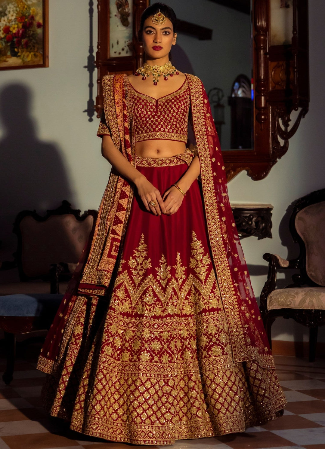 Jodha Crimson Double Dupatta Embroidered Silk Lehenga Set Angad Singh - Fabilicious Fashion