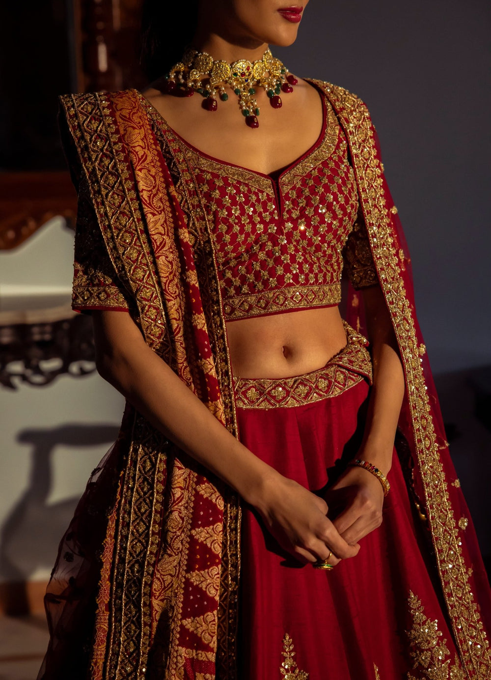 Jodha Crimson Double Dupatta Embroidered Silk Lehenga Set Angad Singh - Fabilicious Fashion