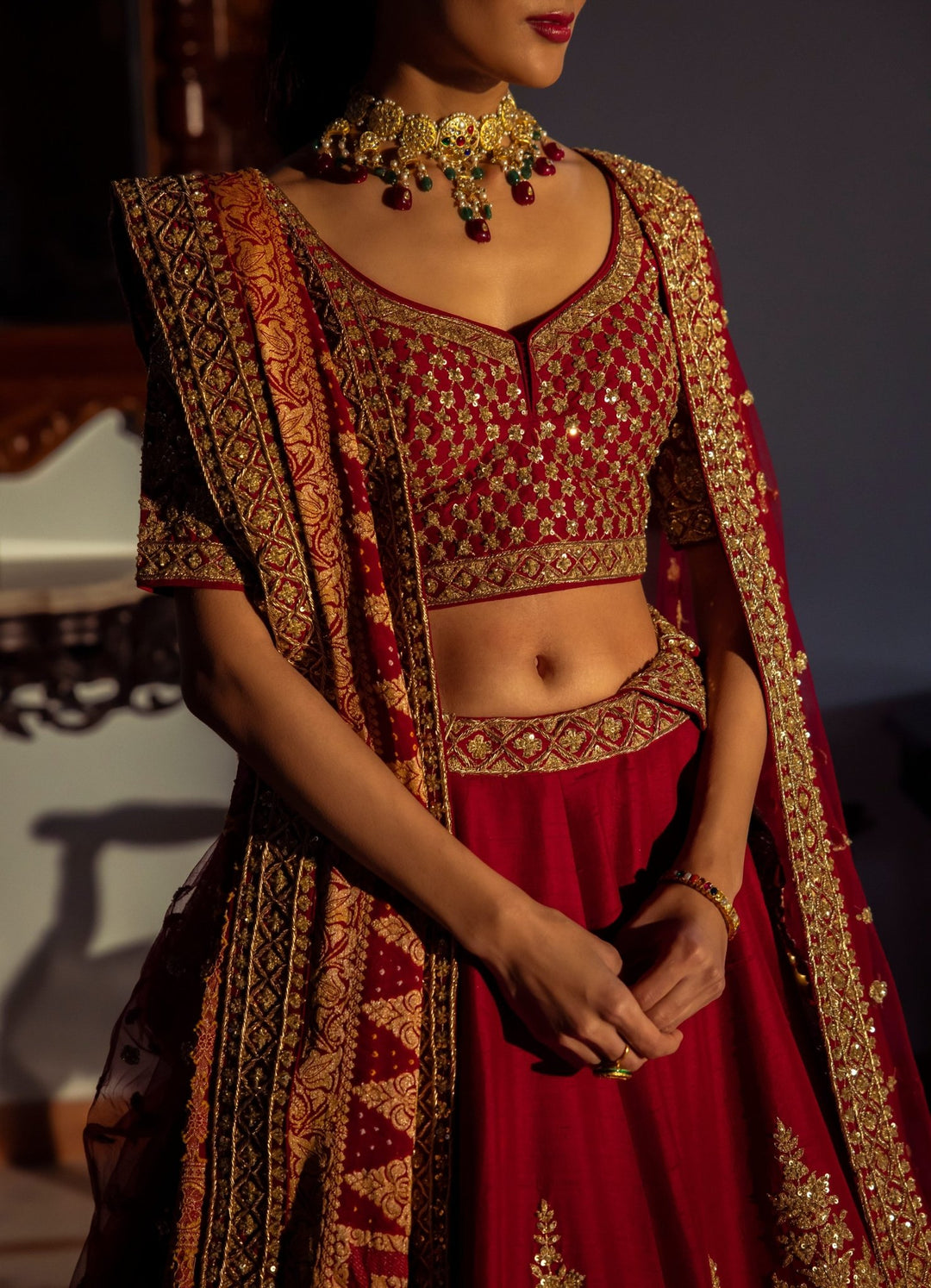 Jodha Crimson Double Dupatta Embroidered Silk Lehenga Set Angad Singh - Fabilicious Fashion