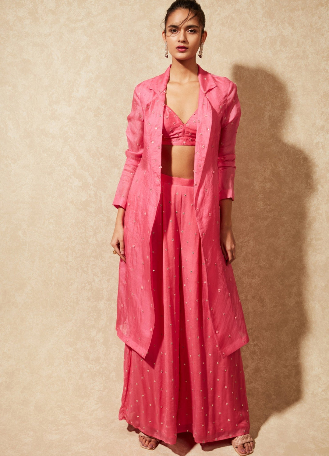 June Organza Trench Jacket And Flared Pants Chamee n Palak - Fabilicious Fashion