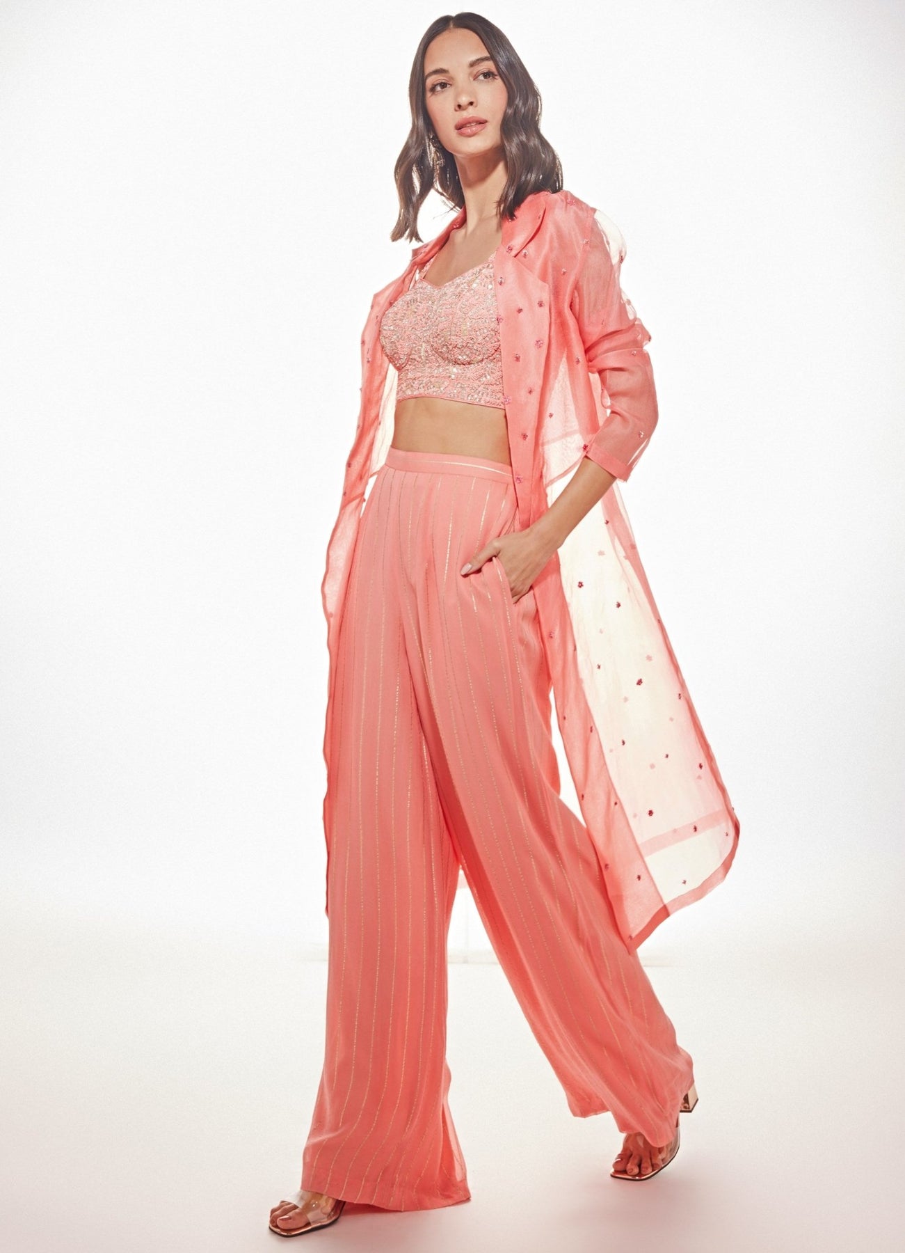 June Peach Trench Coat Set Chamee and Palak- Fabilicious Fashion