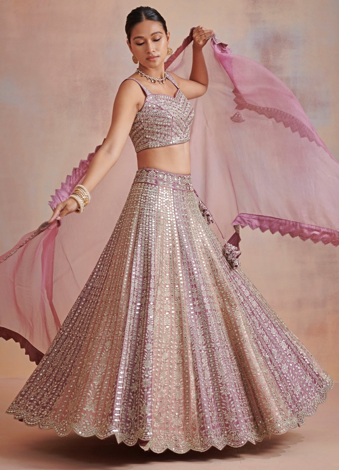 Kaynaat Plum and Rose Embroidered Lehenga Set Suhino - Fabilicious Fashion