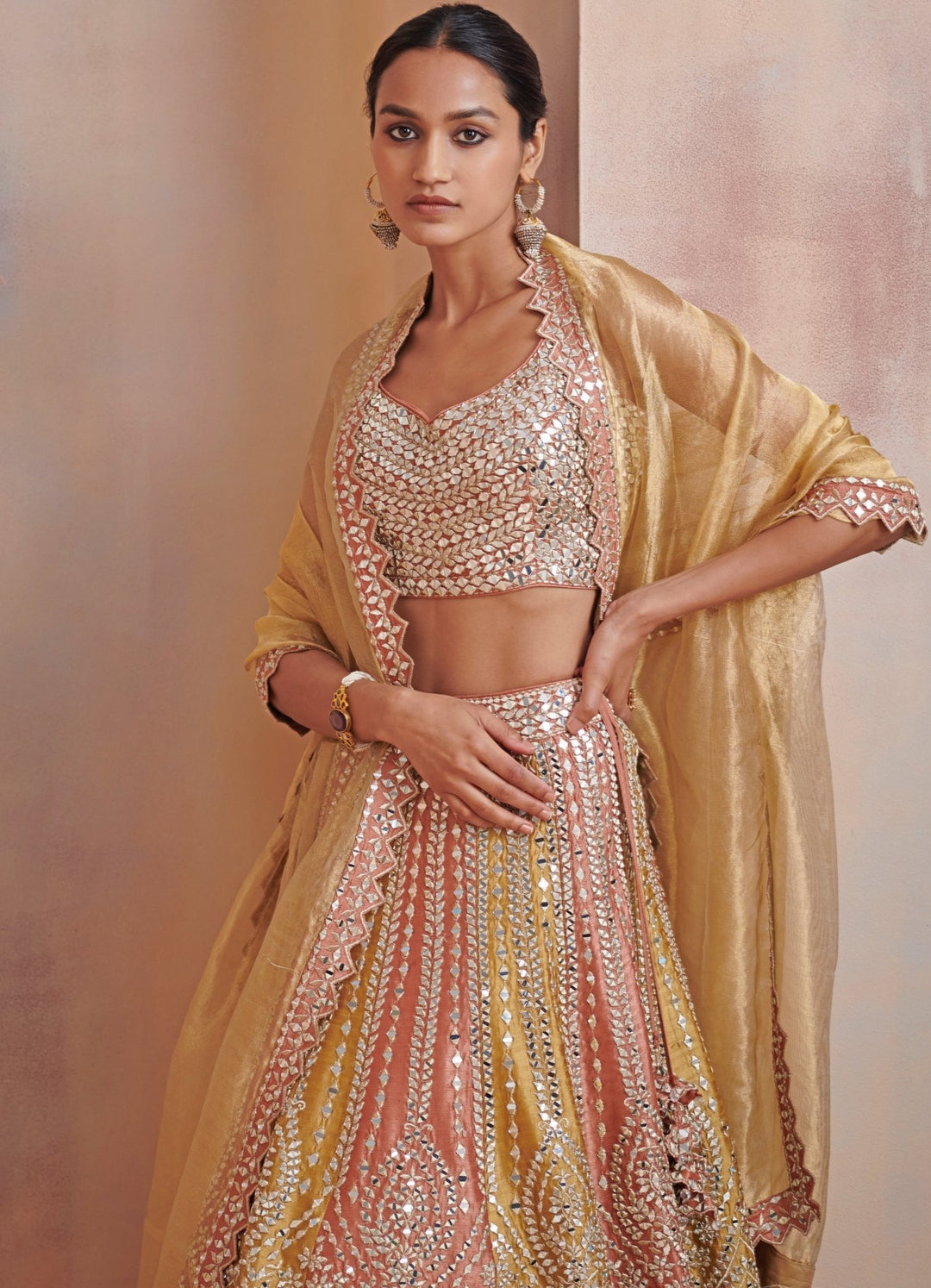 Kesar Rust and Mustard Mirror Embroidered Lehenga Set Suhino - Fabilicious Fashion