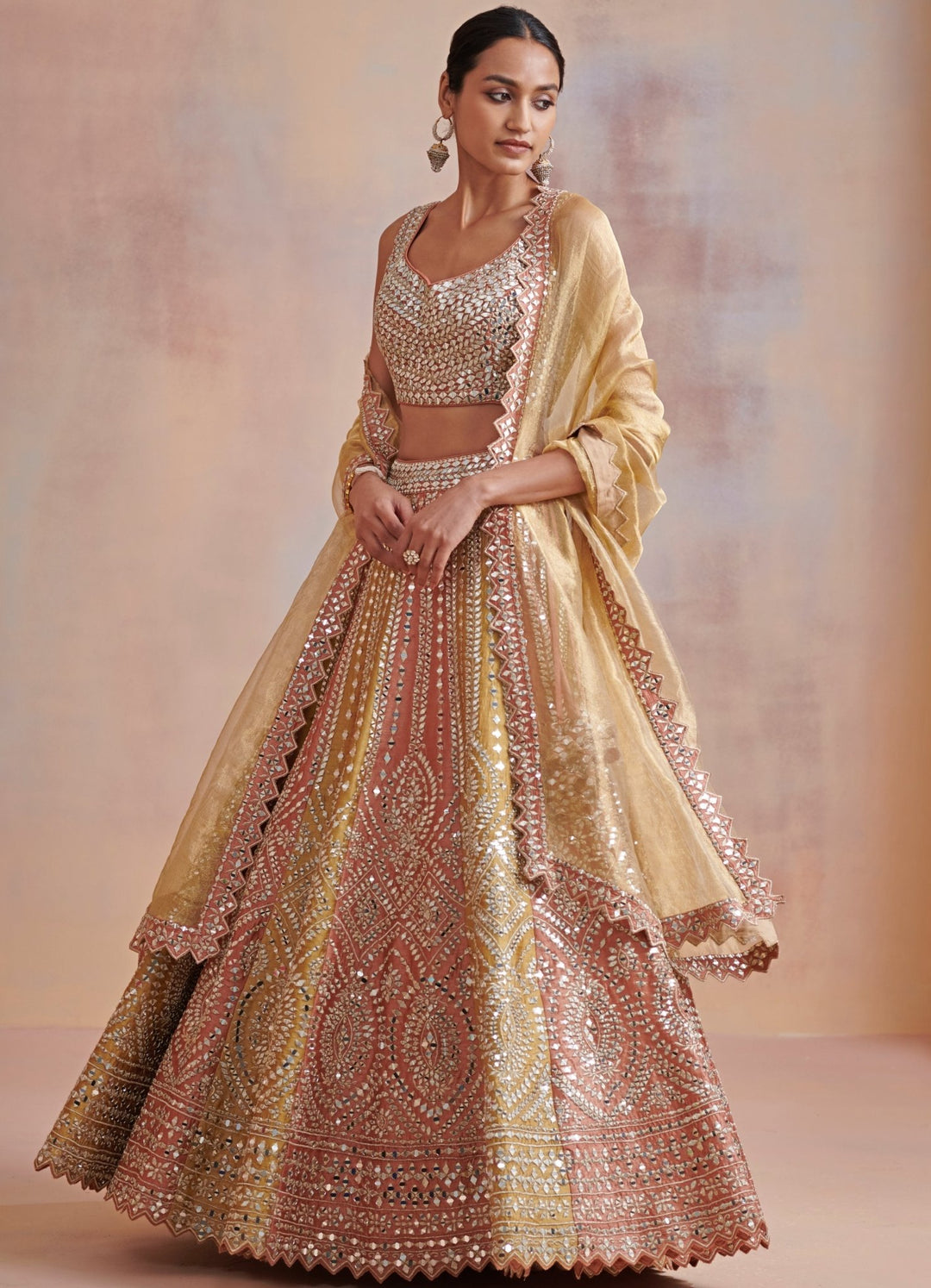 Kesar Rust and Mustard Mirror Embroidered Lehenga Set Suhino - Fabilicious Fashion