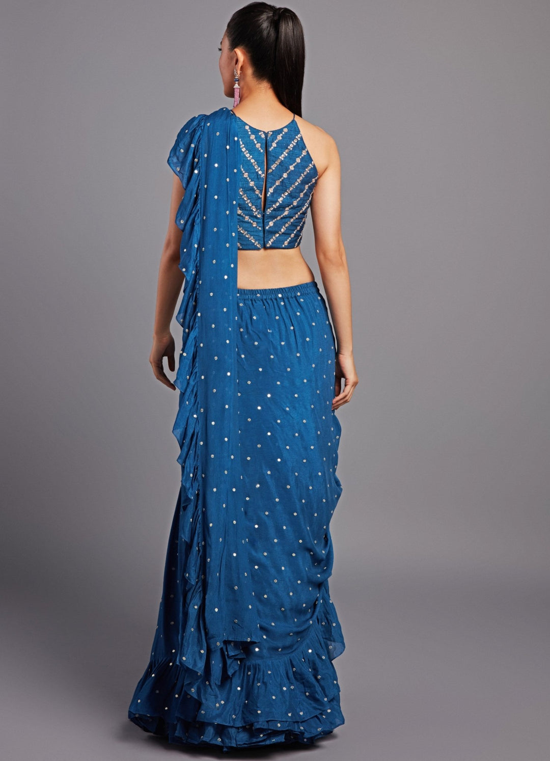 Kim Teal Blue Pre-Stitched Ruffle Saree Set Chamee n Palak - Fabilicious Fashion