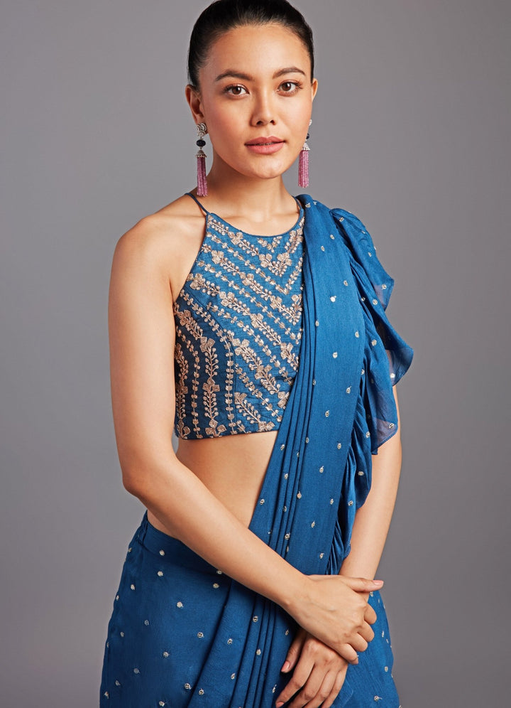 Kim Teal Blue Pre-Stitched Ruffle Saree Set Chamee n Palak - Fabilicious Fashion