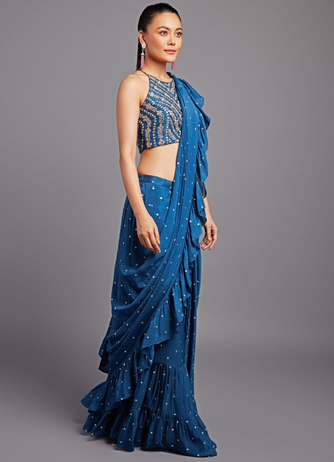 Kim Teal Blue Pre-Stitched Ruffle Saree Set Chamee n Palak - Fabilicious Fashion