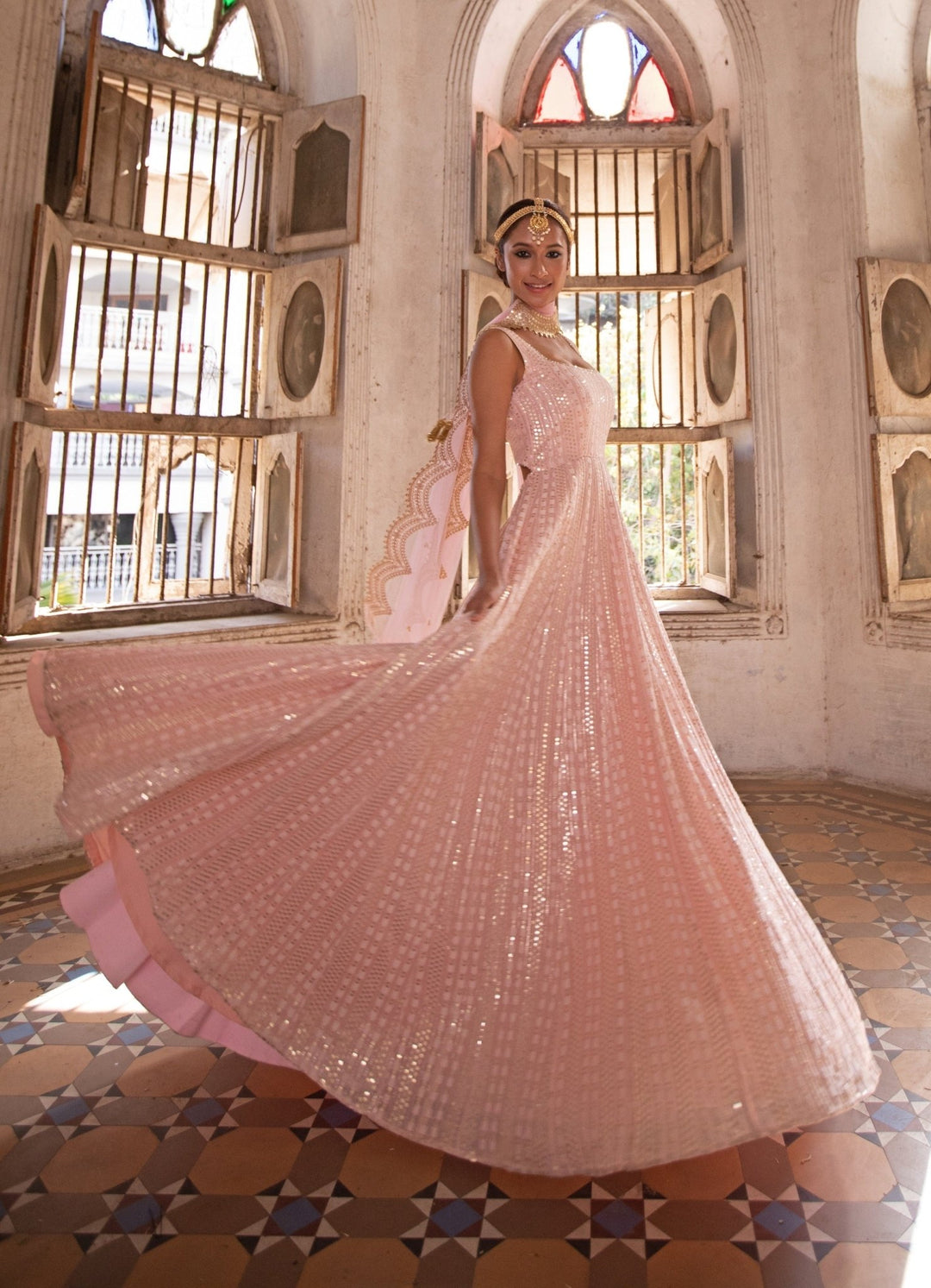 Kira Champagne Blush Anarkali Gown Renee - Fabilicious Fashion