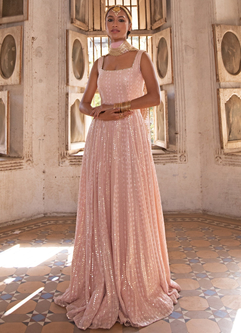 Kira Champagne Blush Anarkali Gown Renee - Fabilicious Fashion