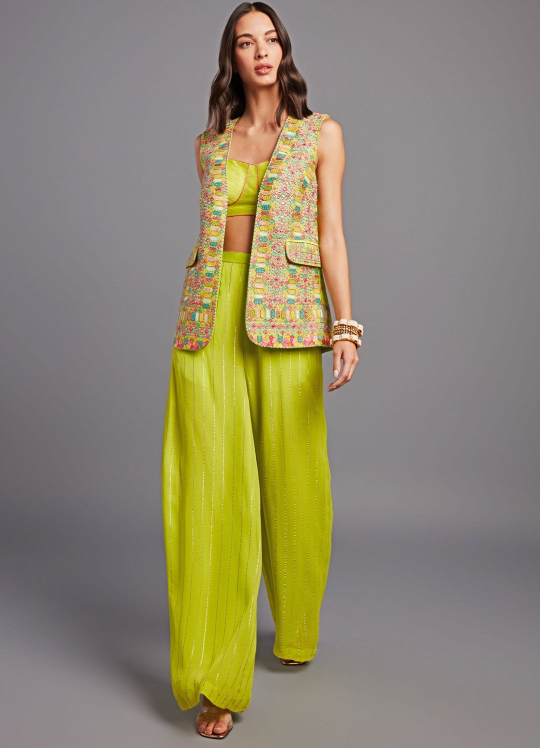 Kiyomi Lime Green Multi Hued Jacket Set Chamee n Palak - Fabilicious Fashion