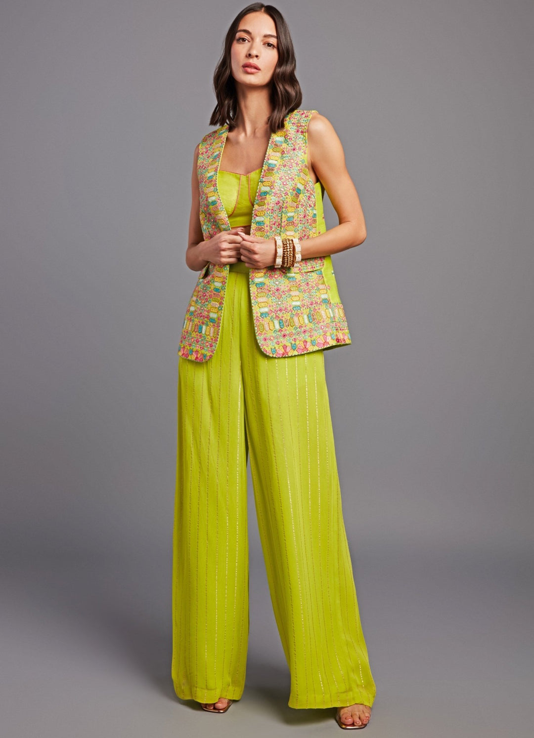 Kiyomi Lime Green Multi Hued Jacket Set Chamee n Palak - Fabilicious Fashion
