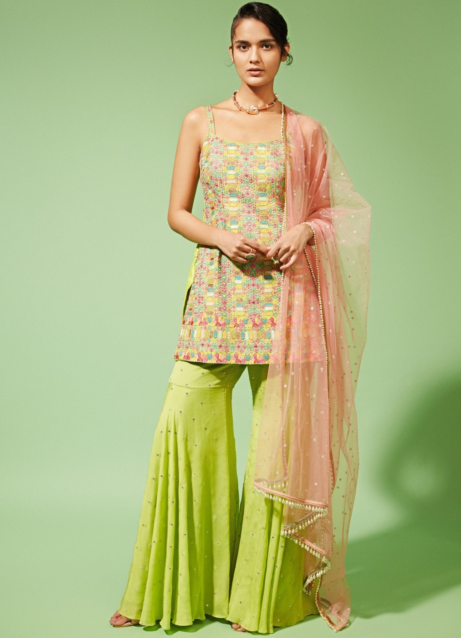 Floral tunic sharara set — lightweight kurta sharara set for mehendi