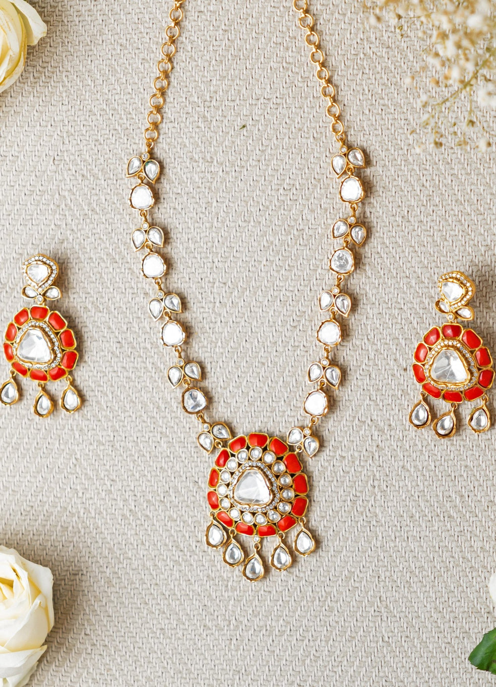 Kundan and Coral Round Stone Necklace Set Zevar by Geeta - Fabilicious Fashion