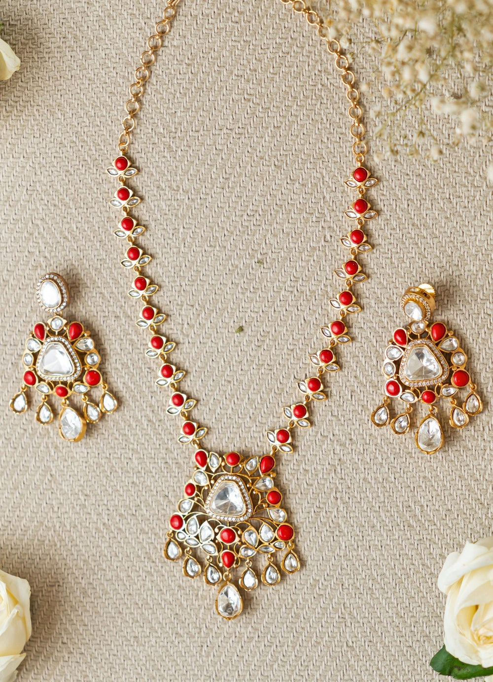 Kundan and Coral Stone Necklace and Earrings Zevar by Geeta - Fabilicious Fashion