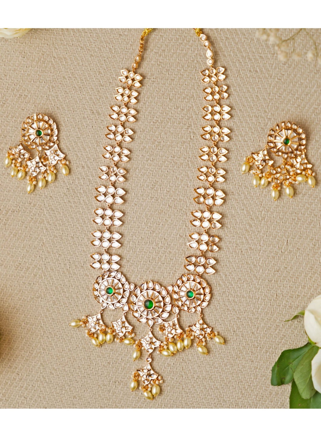Kundan and Emerald Green Long Necklace Set Zevar by Geeta - Fabilicious Fashion