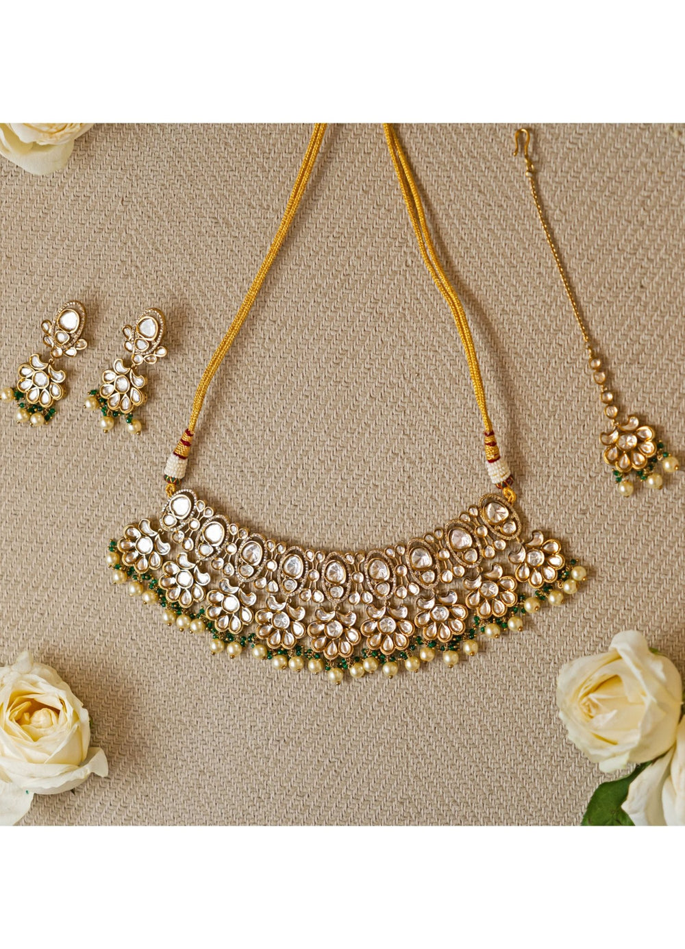 Kundan and Emerald Green Necklace and Earrings Zevar by Geeta - Fabilicious Fashion