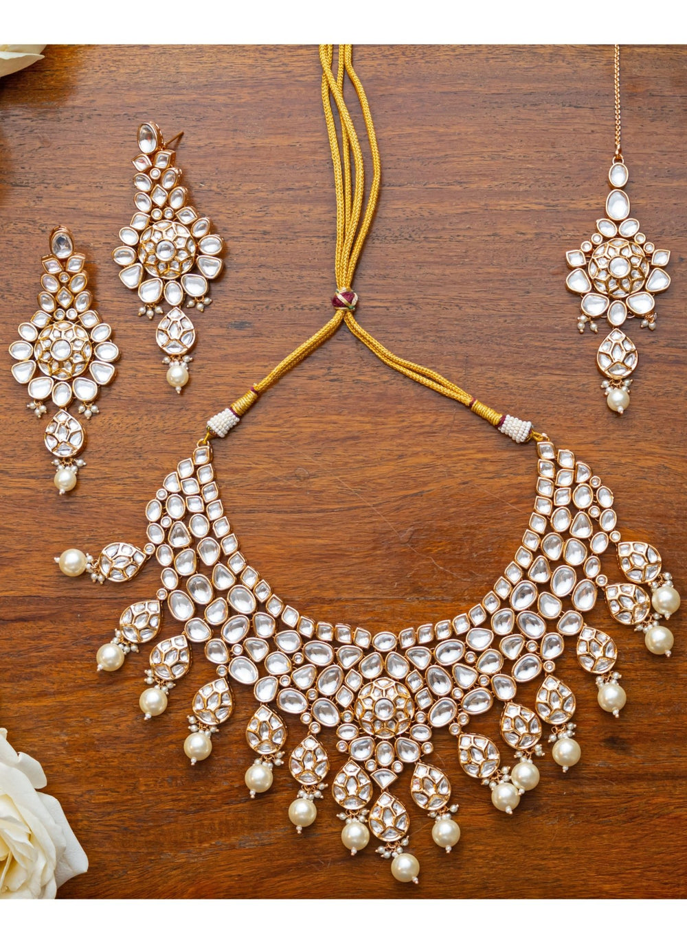 Kundan and Pearl Bridal Necklace and Earrings Zevar by Geeta - Fabilicious Fashion