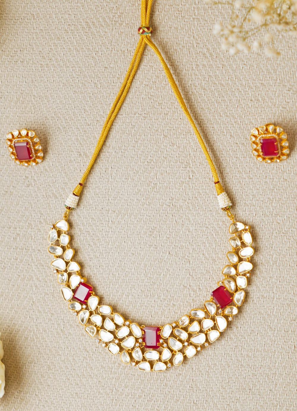 Kundan and Red Stone Necklace and Earrings Zevar by Geeta - Fabilicious Fashion