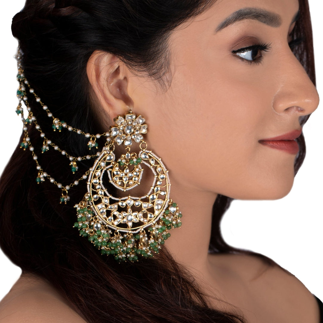 Kundan Big Chand Baalis With Light Green Beads Riana by Shikha Jindal - Fabilicious Fashion