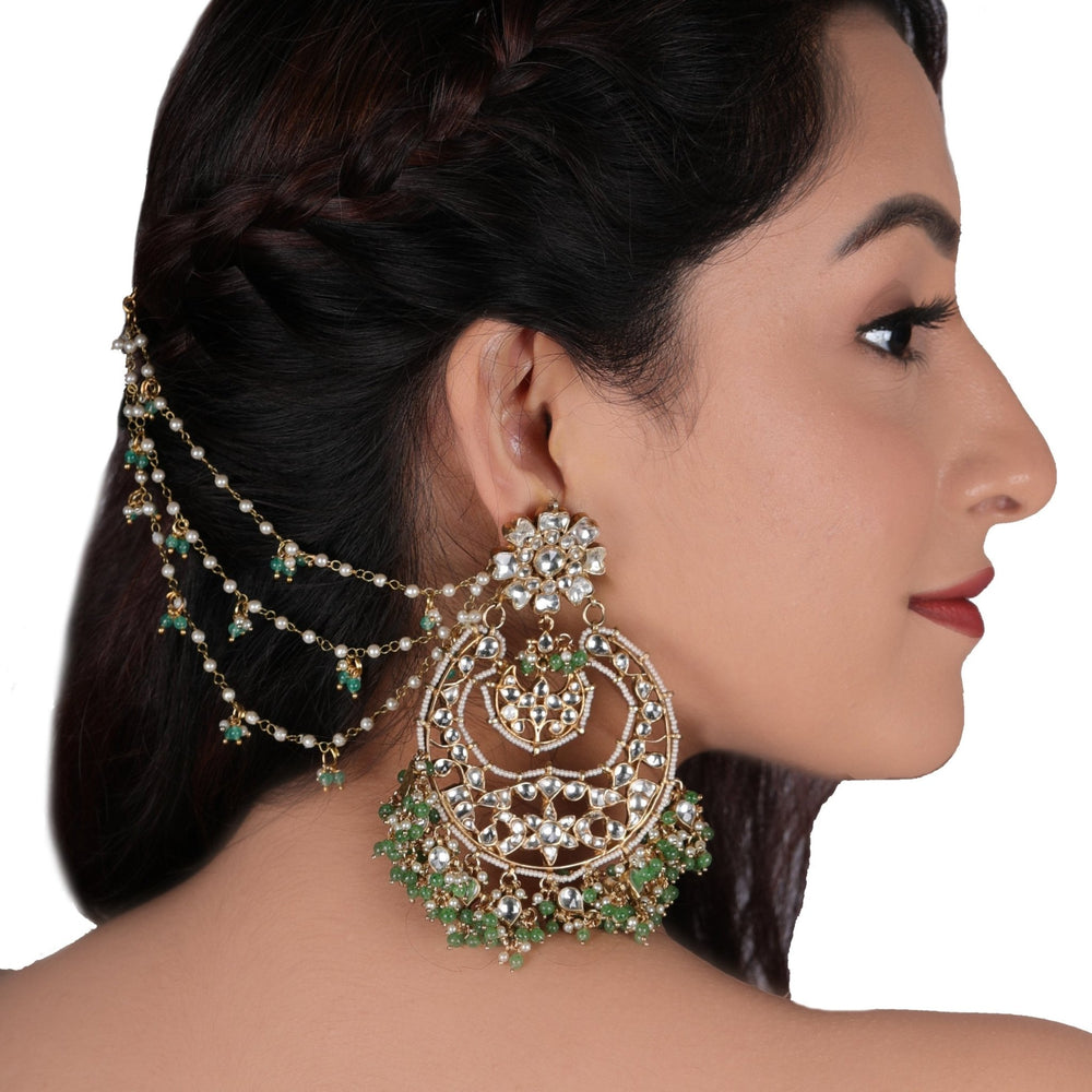 Kundan Big Chand Baalis With Light Green Beads Riana by Shikha Jindal - Fabilicious Fashion