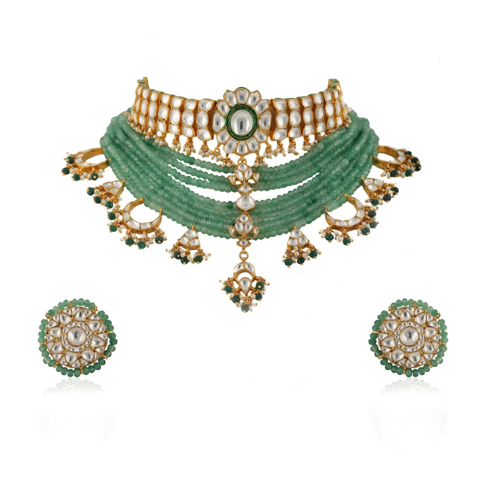 Kundan Choker Set With Green Beads and Green Studs Riana by Shikha Jindal - Fabilicious Fashion