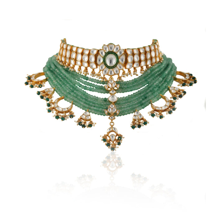 Kundan Choker Set With Green Beads and Green Studs Riana by Shikha Jindal - Fabilicious Fashion
