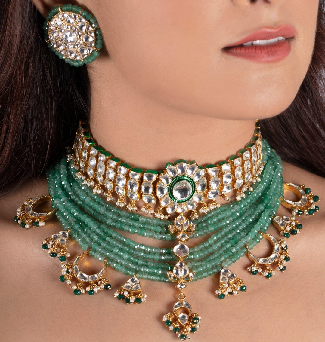 Kundan Choker Set With Green Beads and Green Studs Riana by Shikha Jindal - Fabilicious Fashion