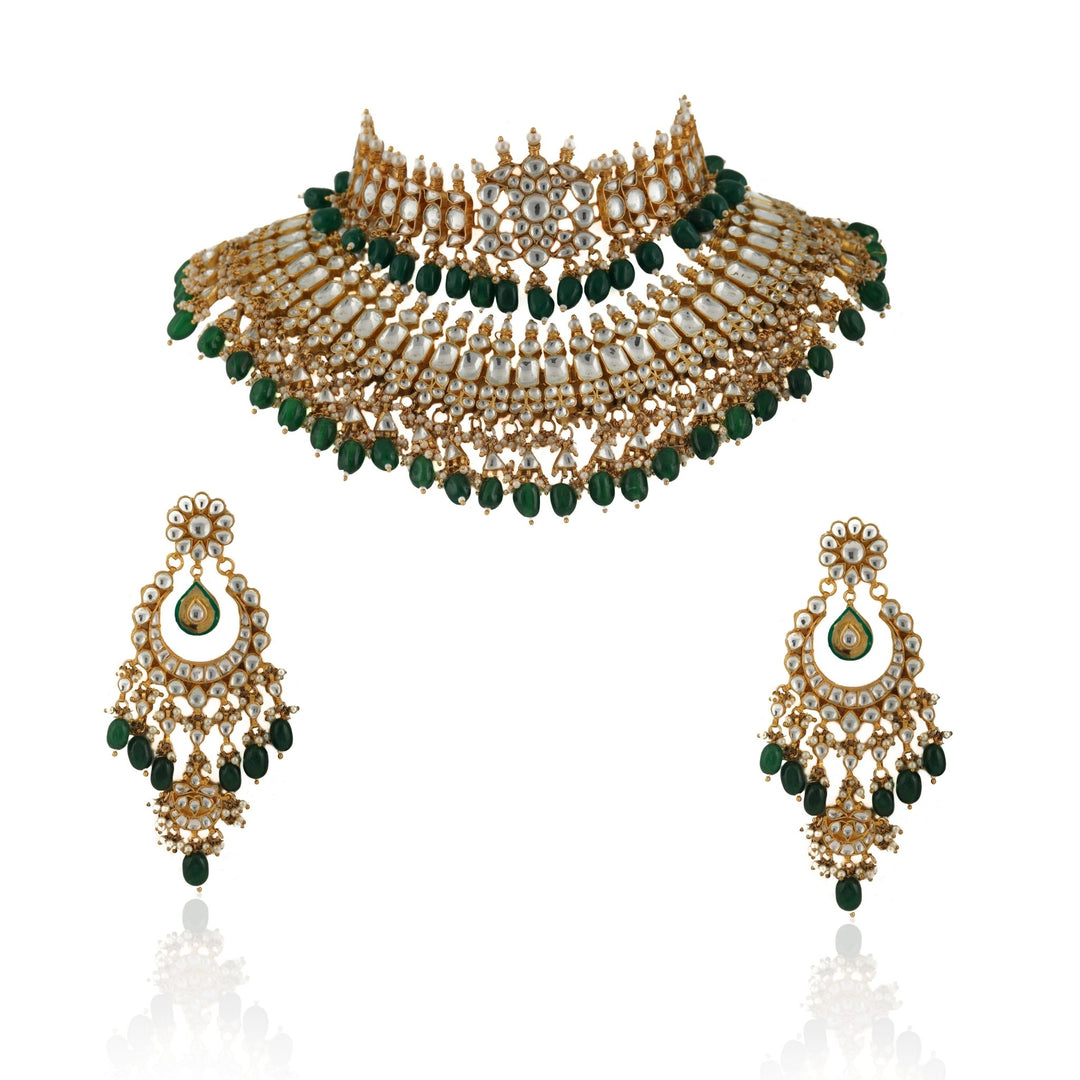 Kundan Double Necklace Rani Set With Green Beads Riana by Shikha Jindal - Fabilicious Fashion