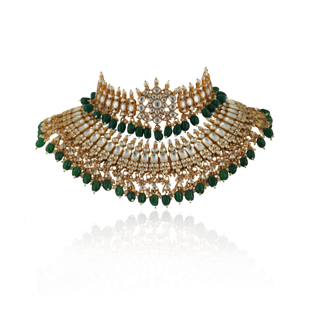 Kundan Double Necklace Rani Set With Green Beads Riana by Shikha Jindal - Fabilicious Fashion