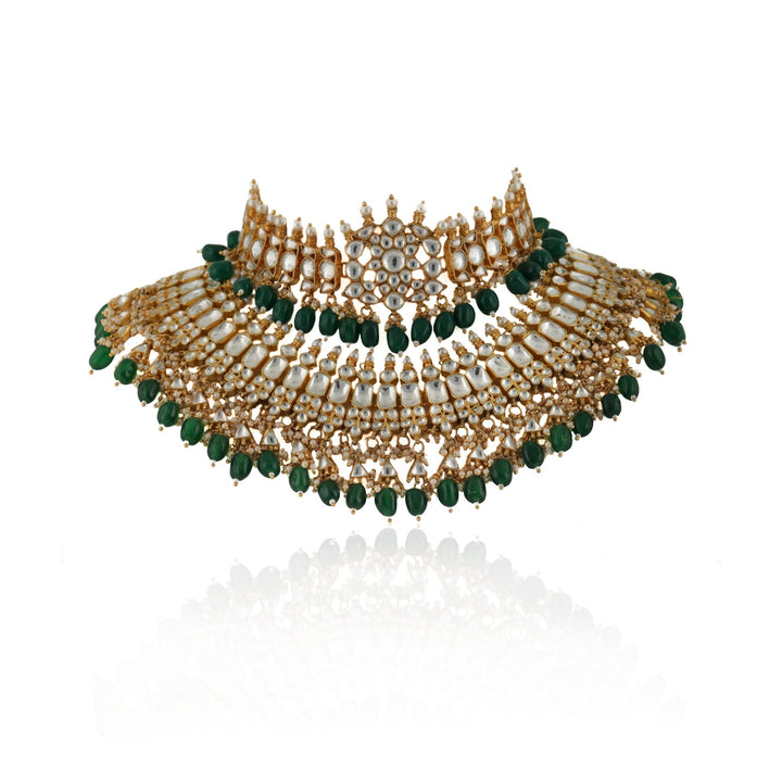 Kundan Double Necklace Rani Set With Green Beads Riana by Shikha Jindal - Fabilicious Fashion