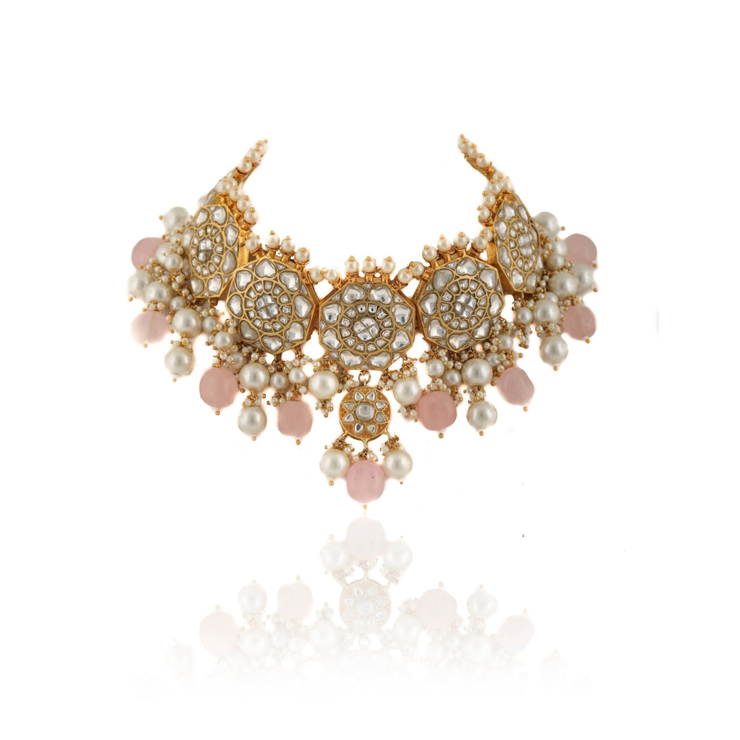Kundan Floral Necklace Set With Pastel Pink Beads and Pearls Riana by Shikha Jindal - Fabilicious Fashion
