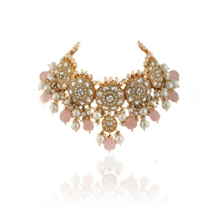 Kundan Floral Necklace Set With Pastel Pink Beads and Pearls Riana by Shikha Jindal - Fabilicious Fashion