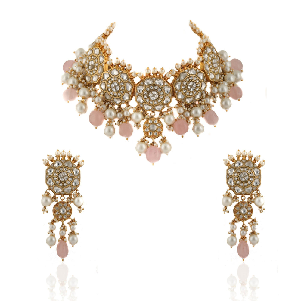 Kundan Floral Necklace Set With Pastel Pink Beads and Pearls Riana by Shikha Jindal - Fabilicious Fashion