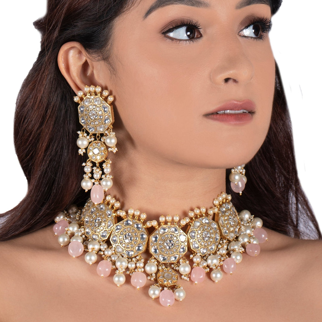 Kundan Floral Necklace Set With Pastel Pink Beads and Pearls Riana by Shikha Jindal - Fabilicious Fashion