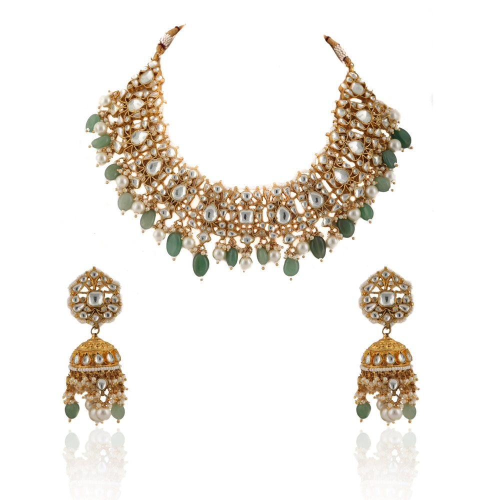 Kundan Necklace Set With Pearl And Sea Green Beads Riana by Shikha Jindal - Fabilicious Fashion