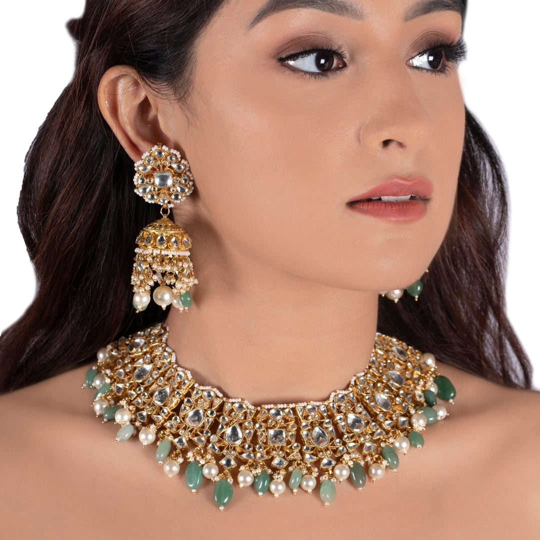 Kundan Necklace Set With Pearl And Sea Green Beads Riana by Shikha Jindal - Fabilicious Fashion
